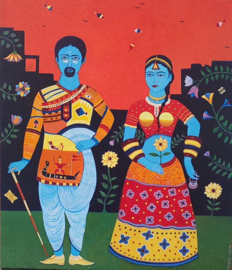Figurative acrylic painting titled 'Indian Couple', 42x36 inches, by artist Bhaskar Lahiri on Canvas