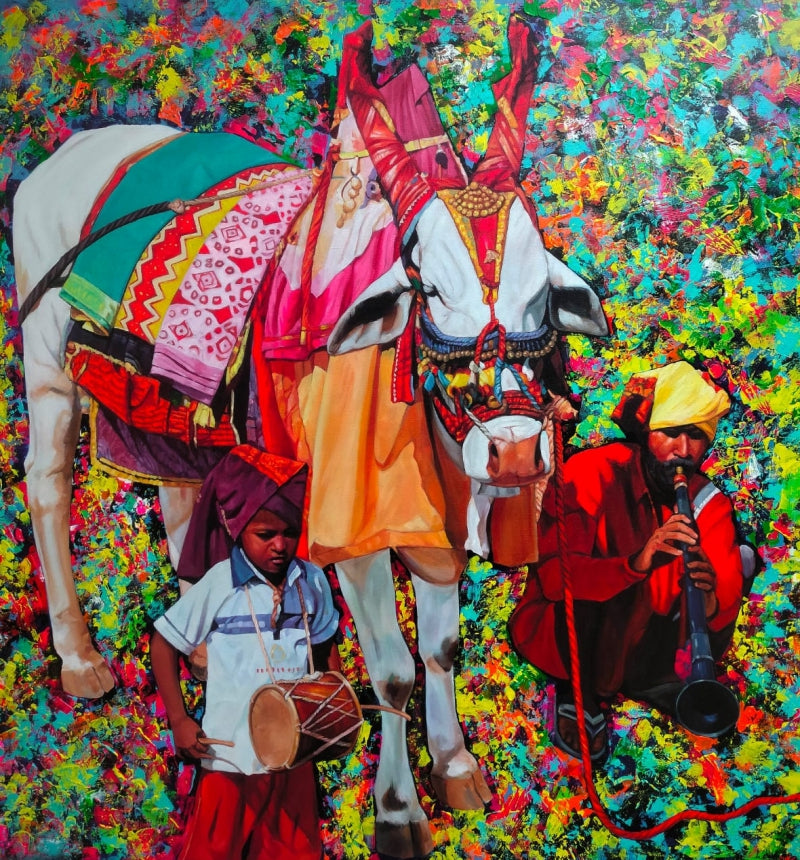 Indian Culture 2' figurative acrylic painting by artist Sujit Karmakar, 48x48 inch, on canvas
