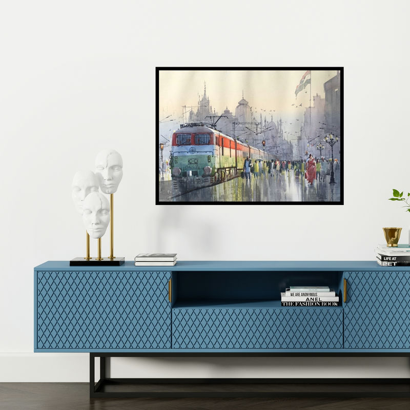 Preview of 'Indian Express' Painting by Bijay Biswaal shown on a wall in a furnished room.