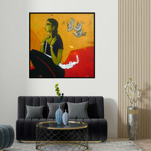 Sanjay Tikkal's 'An Indian Girl' painting visualized above a sofa in a contemporary room.