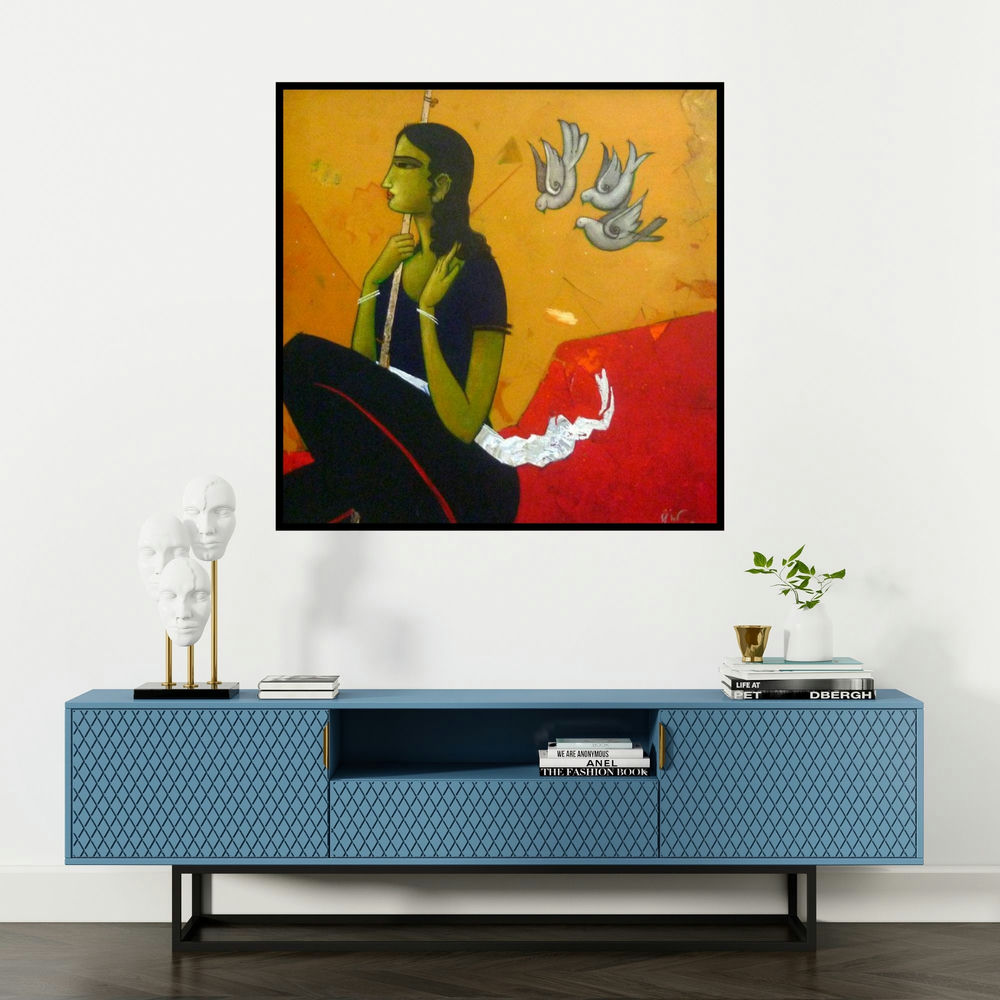 'An Indian Girl' painting by Sanjay Tikkal shown on a wall in a furnished room.