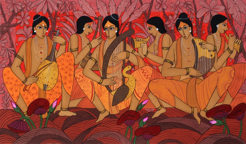 Indian Musicians' figurative acrylic painting by artist Chetan Katigar, 36x61 inch, on canvas