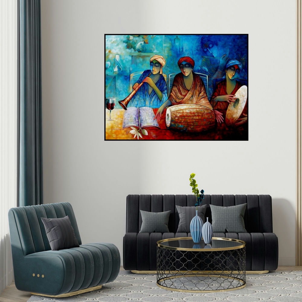 Ram Onkar's 'Indian Musicians Iii' painting visualized above a sofa in a contemporary room.