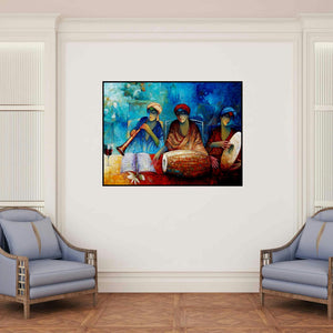'Indian Musicians Iii' painting by Ram Onkar shown on a wall in a furnished room.
