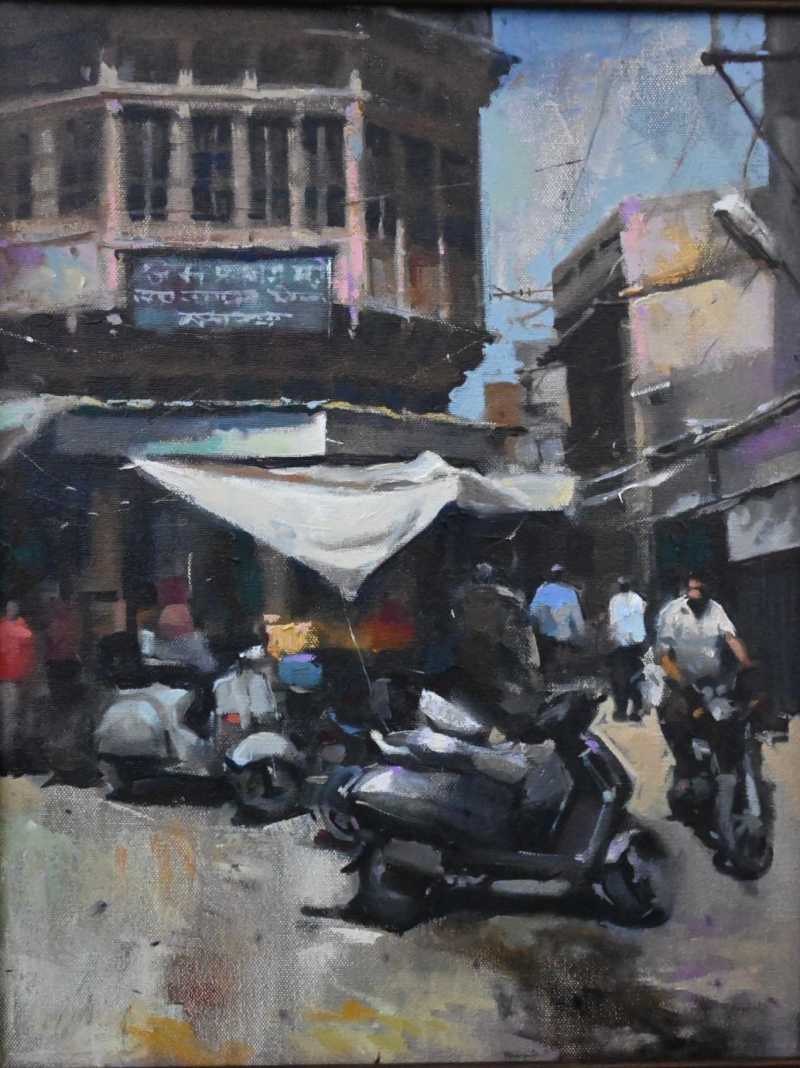 Indian Street' cityscape oil painting by artist Prasad Thite, 18x12 inch, on canvas