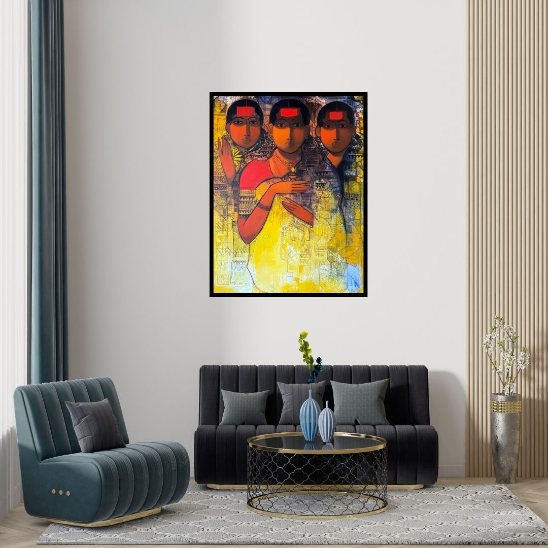 Preview of 'The Indian Woman 11' Painting by Sachin Sagare shown on a wall in a furnished room.