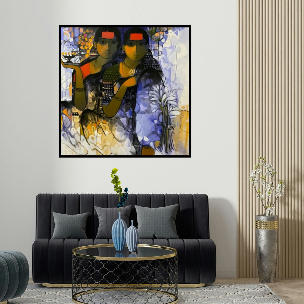 Sachin Sagare's 'The Indian Woman 6' painting visualized above a sofa in a contemporary room.