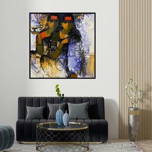 Sachin Sagare's 'The Indian Woman 6' painting visualized above a sofa in a contemporary room.