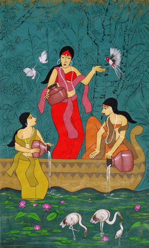 Indian Women (Water Maidens) by Chetan Katigar, Original Acrylic Expressionist Painting on Canvas, Large Vertical Wall Art