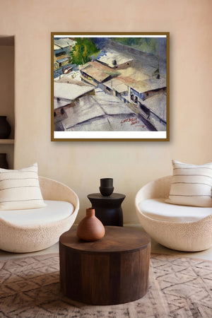 Indoor Outdoor (Urban Tapestry: A Birds-Eye View) by artist Sourabh Nema displayed in a Museum Style gallery
