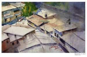 Indoor Outdoor (Urban Tapestry: A Birds-Eye View) by Sourabh Nema, Original Watercolor Landscape Painting on Handmade Paper, Small Horizontal Wall Art