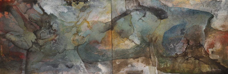 The Infinite Gaze (Diptych)' contemporary mixed-media painting by artist Naresh Soni, 36x108 inch, on canvas