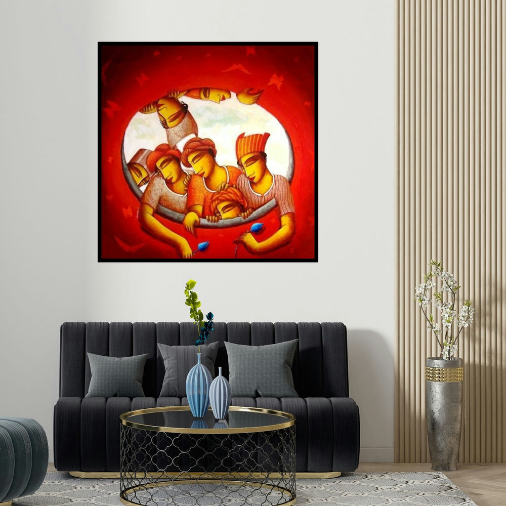 Samir Sarkar's 'Inner Circle (Lifes Embrace)' painting visualized above a sofa in a contemporary room.