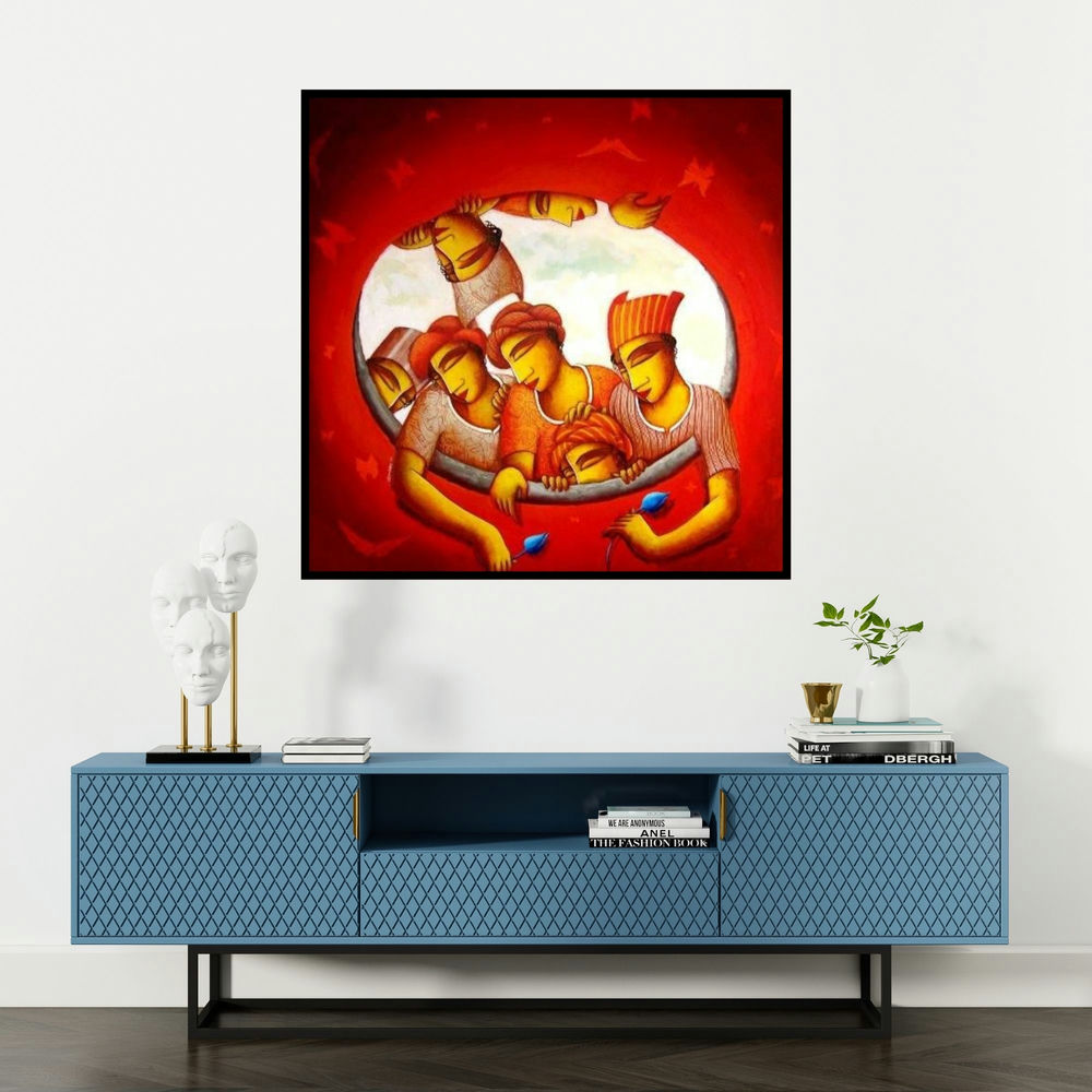 'Inner Circle (Lifes Embrace)' painting by Samir Sarkar shown on a wall in a furnished room.