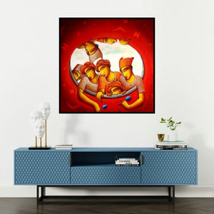 'Inner Circle (Lifes Embrace)' painting by Samir Sarkar shown on a wall in a furnished room.