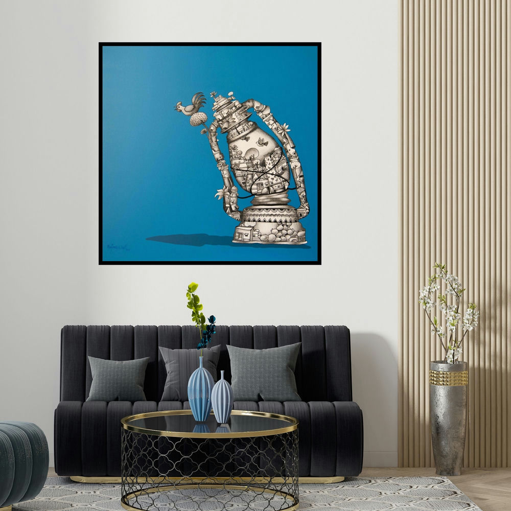 Manjunath Wali's 'Inner Light 1' painting visualized above a sofa in a contemporary room.