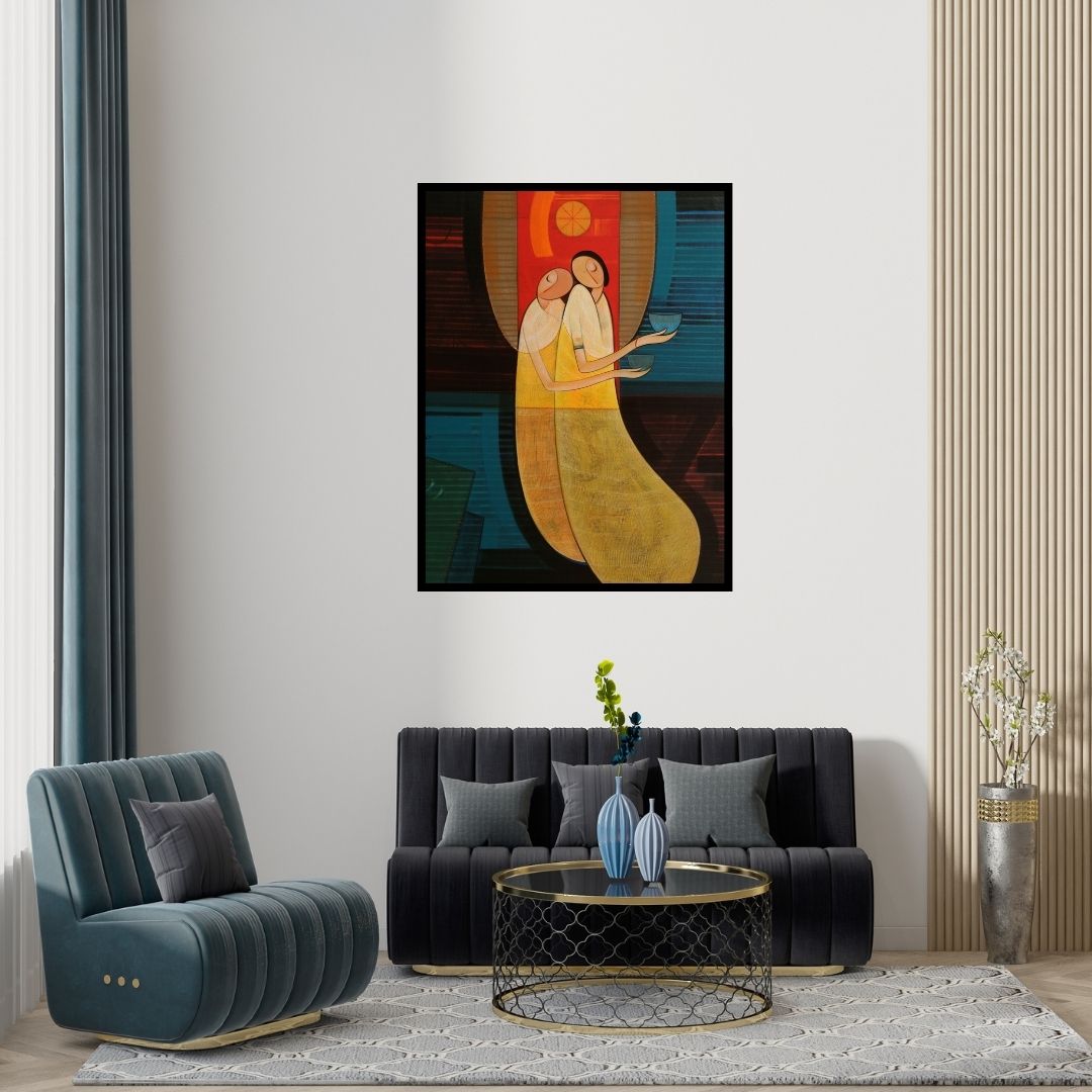 Preview of 'Inner Love' Painting by Dattatraya Thombare shown on a wall in a furnished room.