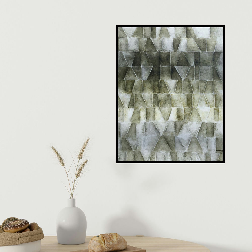 Gayatri Deshpande's 'Innerscapes 33 (Intersecting Shadows)' painting visualized above a sofa in a contemporary room.