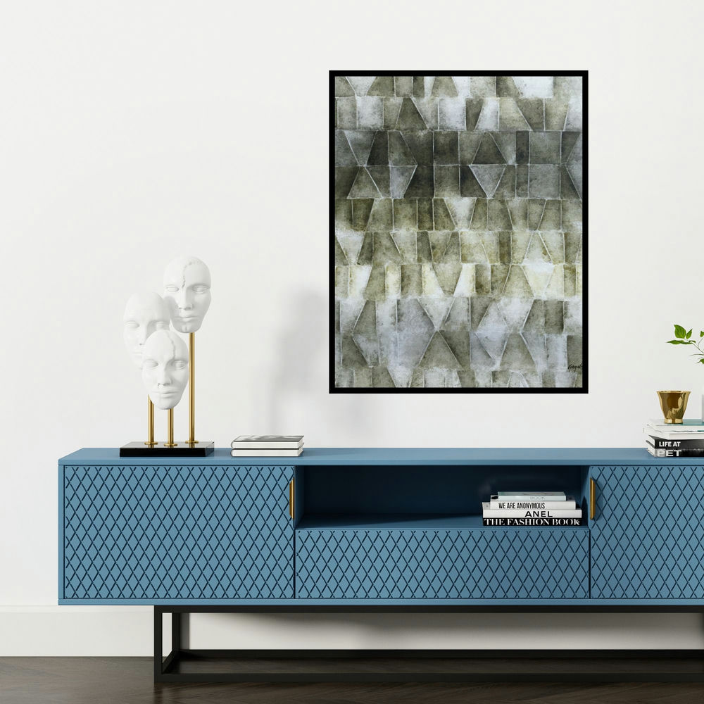 'Innerscapes 33 (Intersecting Shadows)' painting by Gayatri Deshpande shown on a wall in a furnished room.