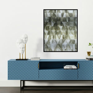 'Innerscapes 33 (Intersecting Shadows)' painting by Gayatri Deshpande shown on a wall in a furnished room.