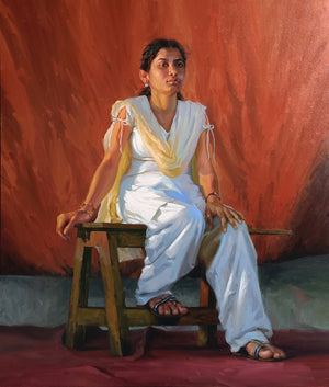 Innocence by Abhijit Jadhav, Original Oil Figurative Painting on Canvas, Large Vertical Wall Art
