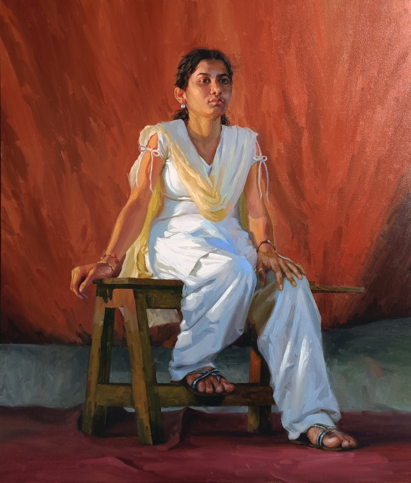 'Innocence' figurative oil painting by artist Abhijit Jadhav, 42x36 inch, on canvas