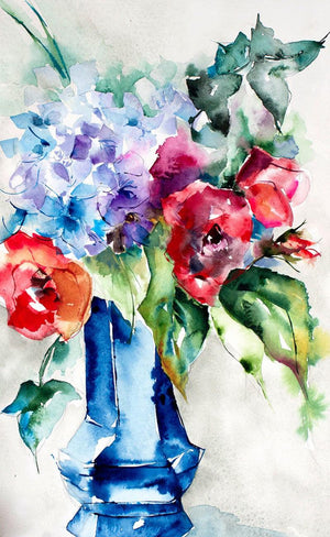 Insolence En Vase Clos (Azure Dreams: A Floral Fantasy) by Veronique Piaser-Moyen, Original Watercolor Still-Life Painting on Paper, Small Vertical Wall Art