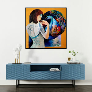 'Intimacy 3 (Intimacy 3)' painting by Sanjay Tandekar shown on a wall in a furnished room.