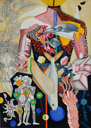 Into The Blue (A Tapestry of Life) by Joydip Sengupta, Original Mixed Media Contemporary Painting on Paper, Small Vertical Wall Art