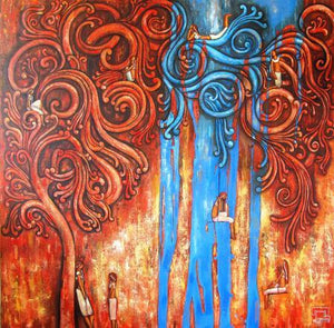 Intricacies Of Life by Suruchi Jamkar, Original Oil Fantasy Painting on Canvas, X-Large Square Wall Art