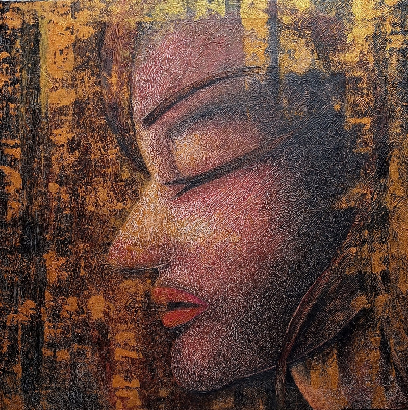 'Introspection 2' figurative mixed-media painting by artist Devirani Dasgupta, 30x30 inch, on canvas