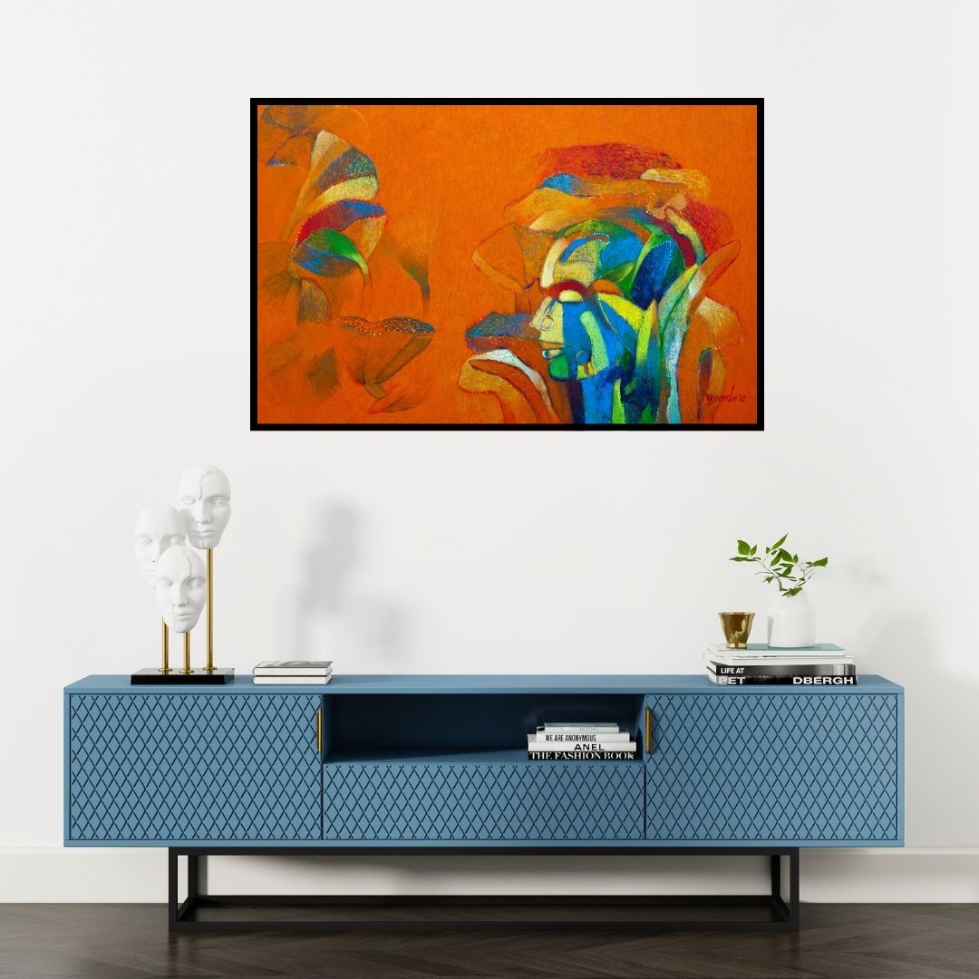 Preview of 'Introspection 2 (Introspection 2)' Painting by Braj Mohan Arya shown on a wall in a furnished room.