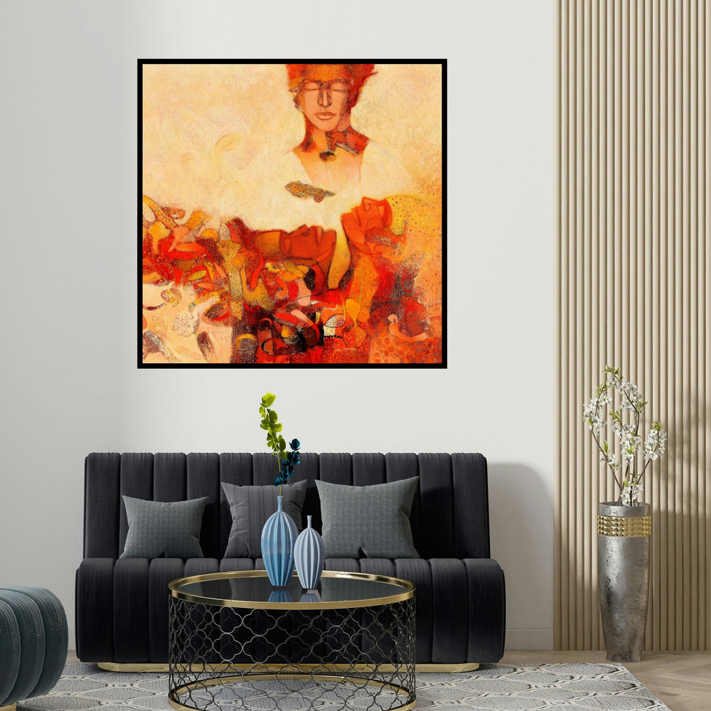 Braj Mohan Arya's 'Introspection 3 (Introspection 3)' painting visualized above a sofa in a contemporary room.