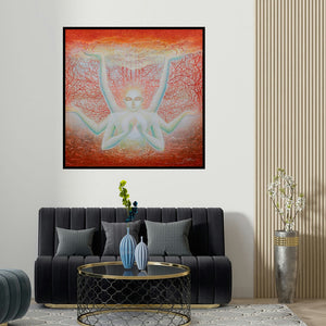 Anil Kumar Vishwakarma's 'Introspection (Cosmic Consciousness)' painting visualized above a sofa in a contemporary room.