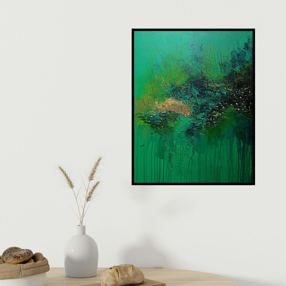 Kayal Vizhi's 'Invigorate (Tranquil Waters**)' painting visualized above a sofa in a contemporary room.