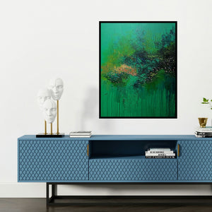 'Invigorate (Tranquil Waters**)' painting by Kayal Vizhi shown on a wall in a furnished room.