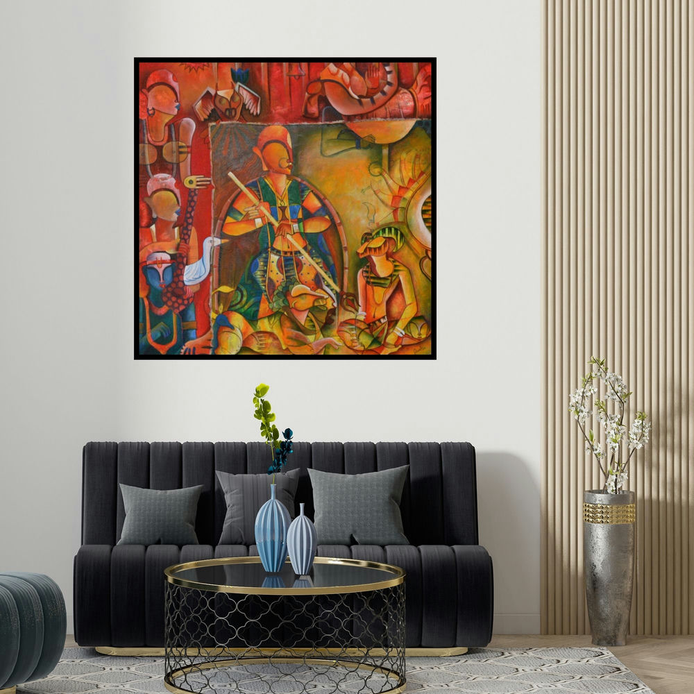 Anupam Pal's 'The Invincible 1' painting visualized above a sofa in a contemporary room.