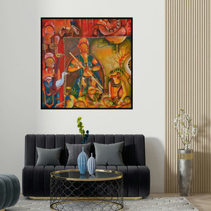 Anupam Pal's 'The Invincible 1' painting visualized above a sofa in a contemporary room.
