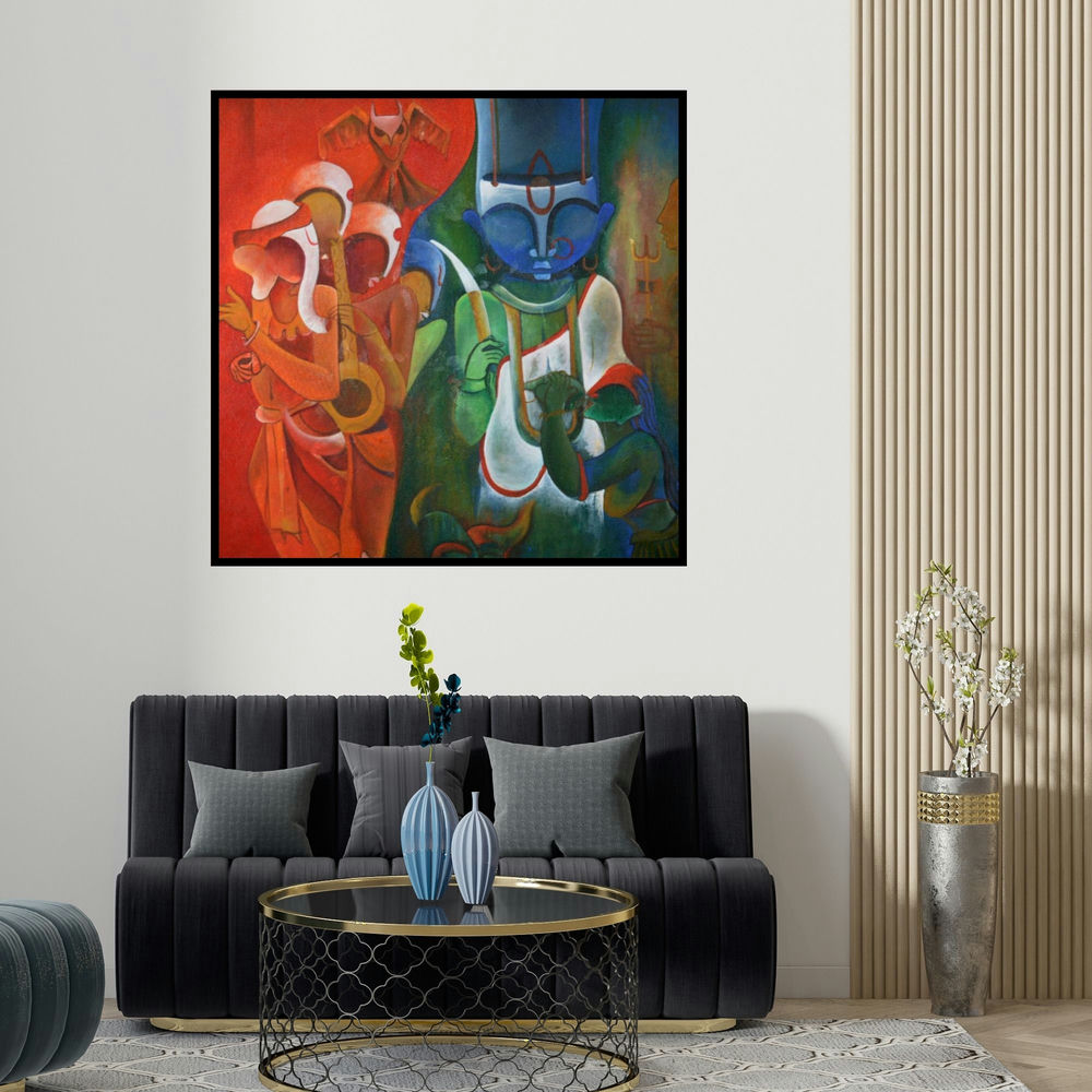 Anupam Pal's 'The Invincible 2' painting visualized above a sofa in a contemporary room.