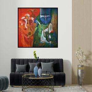 Anupam Pal's 'The Invincible 2' painting visualized above a sofa in a contemporary room.