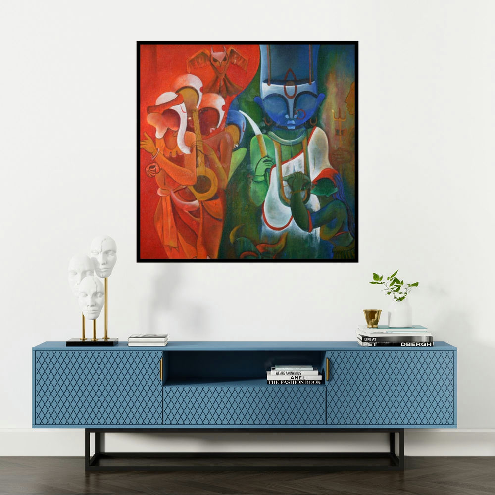 'The Invincible 2' painting by Anupam Pal shown on a wall in a furnished room.