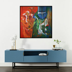 'The Invincible 2' painting by Anupam Pal shown on a wall in a furnished room.