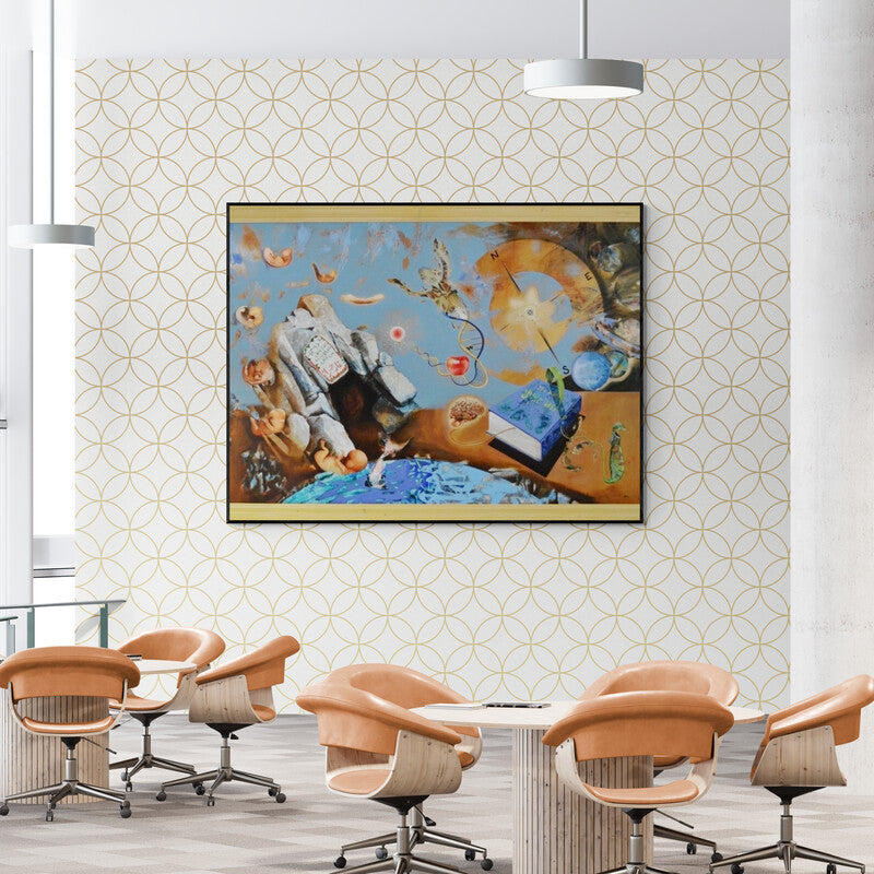 Preview of 'Iqra (Chronicles of Mind and Cosmos)' Painting by Zakir Hussain shown on a wall in a furnished room.