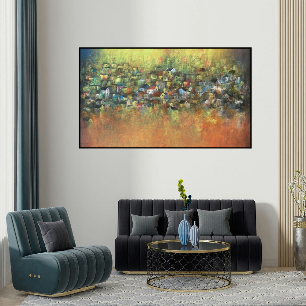 M Singh's 'Iridescent Homes' painting visualized above a sofa in a contemporary room.