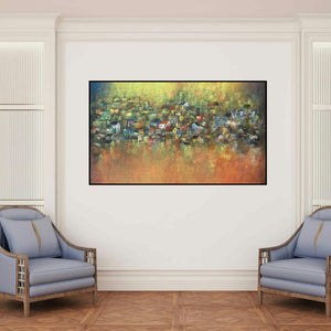'Iridescent Homes' painting by M Singh shown on a wall in a furnished room.
