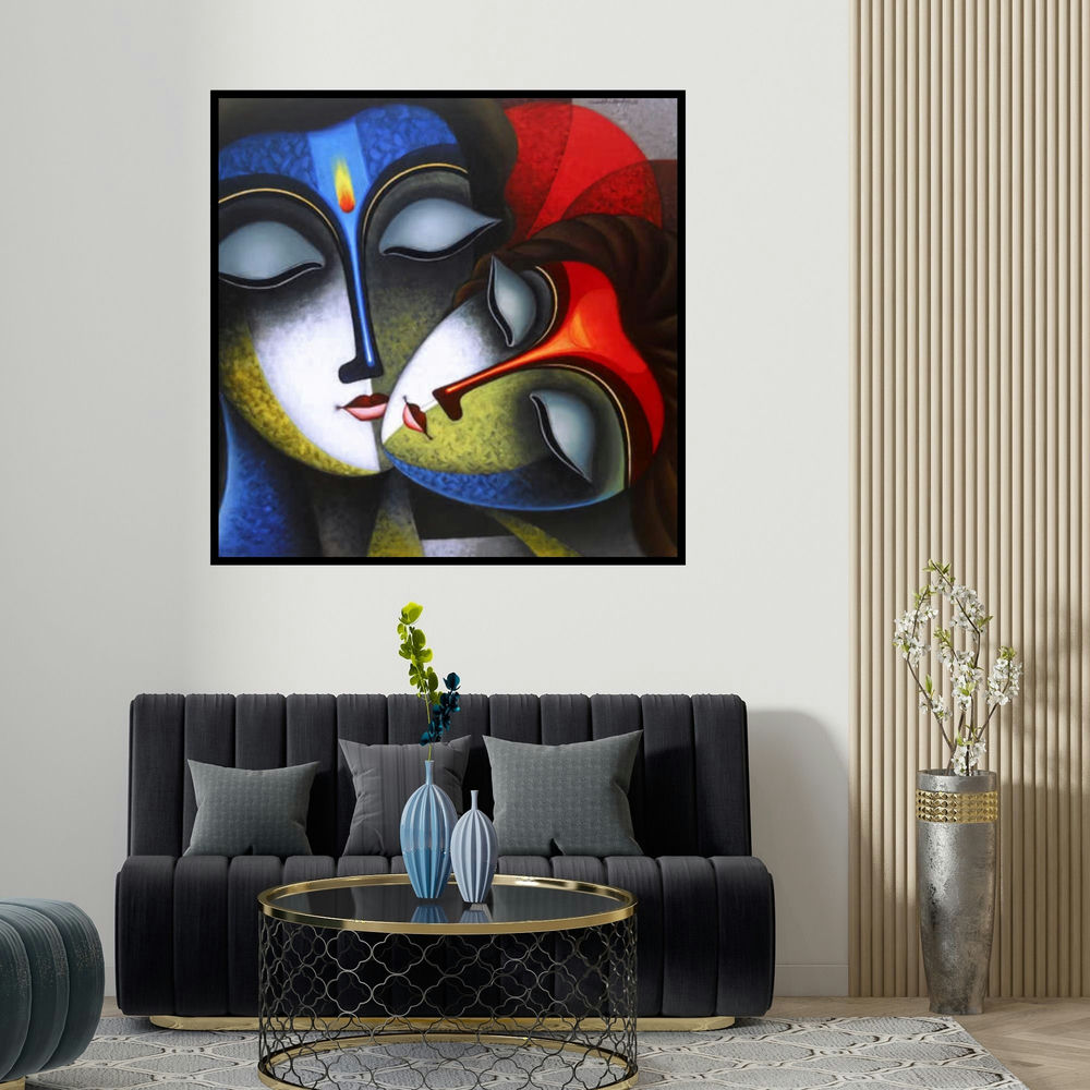 Santosh Chattopadhyay's 'Iternal Love (Divine Love Radha and Krishna)' painting visualized above a sofa in a contemporary room.