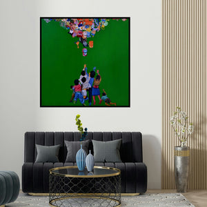 Jitendra Saini's 'Its Mine' painting visualized above a sofa in a contemporary room.
