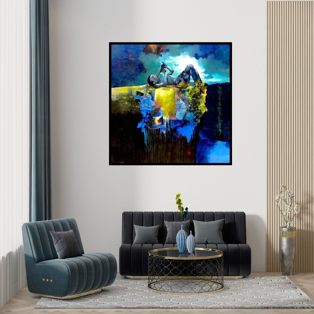 Preview of 'Its My Choice (Contemplation on the Cliff)' Painting by Pradip Sengupta shown on a wall in a furnished room.