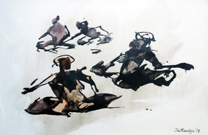 Its My Turn (Figures in Motion) by Tirthankar Biswas, Original Acrylic Figurative Painting on Canvas, Medium Horizontal Wall Art