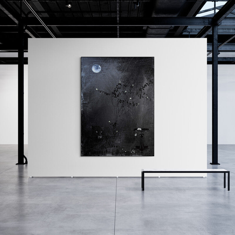 In-situ view of Raju T's 'Its Time For Sprinkling Fragrances 1 (Nocturnal Vigil)' painting in a room